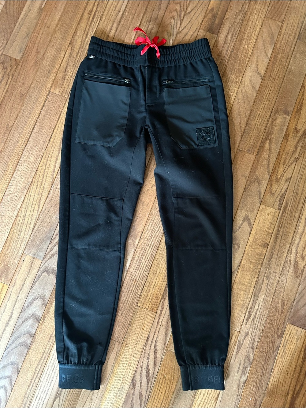 Figs Black Track Joggers with Red Drawstring Accent